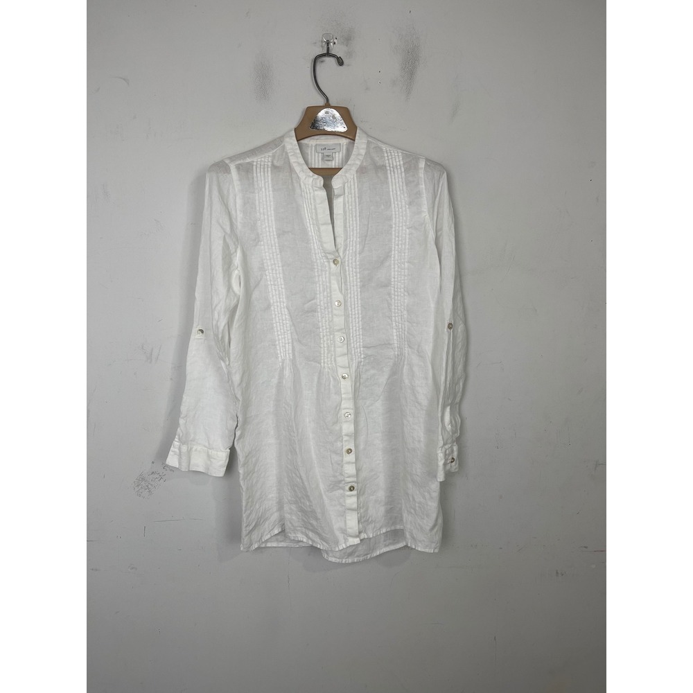 J. Jill Love Linen White Pintuck Button Front Roll Tab Sleeve Tunic Top Small